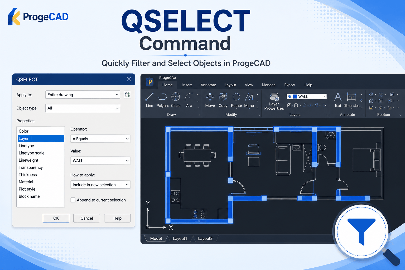 How to Use the QSELECT Filter Command in ProgeCAD