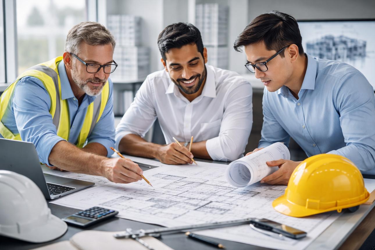 Professionals Using CAD Software Engineering and architecture professionals reviewing technical CAD drawings