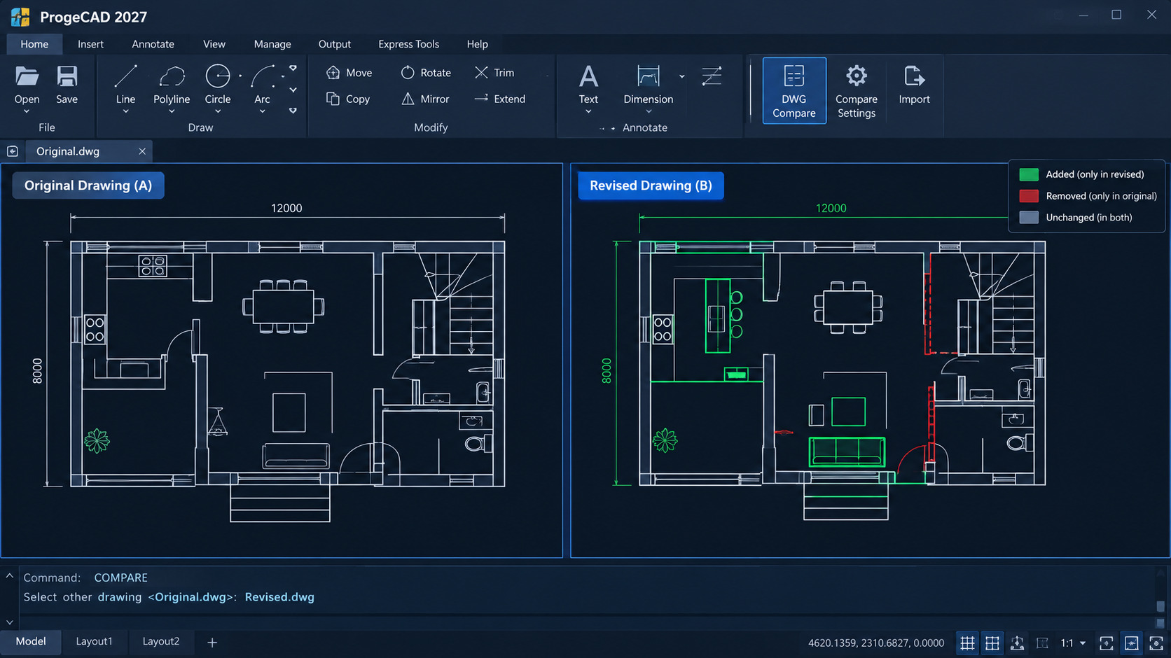 ProgeCAD DWG Compare showing original and revised DWG drawings side by side with highlighted design changes