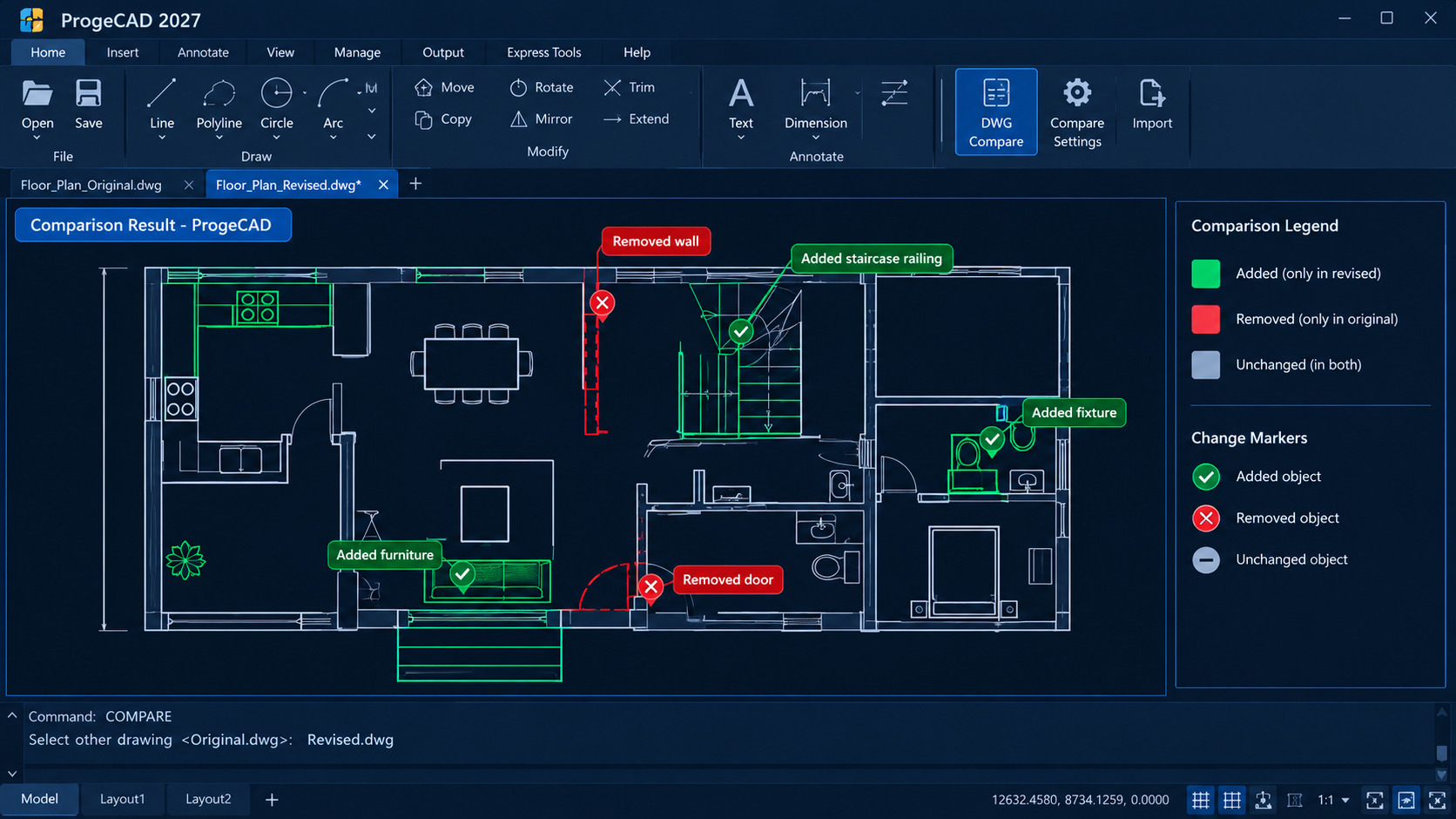 Highlighted changes in a CAD drawing during ProgeCAD DWG comparison