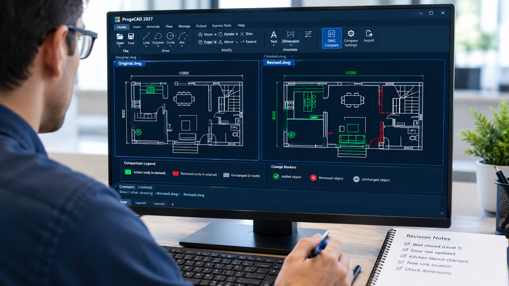 Engineer reviewing revised technical drawing details on a computer screen