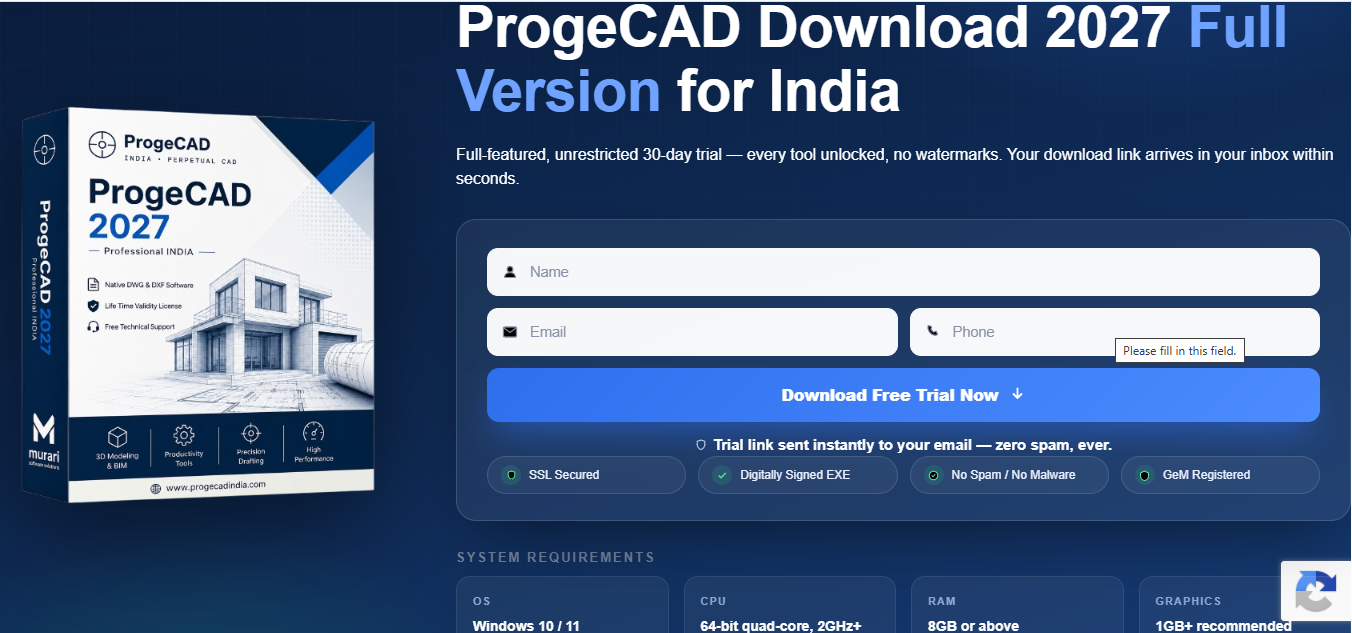 ProgeCAD 2027 download form with name email phone and free trial button