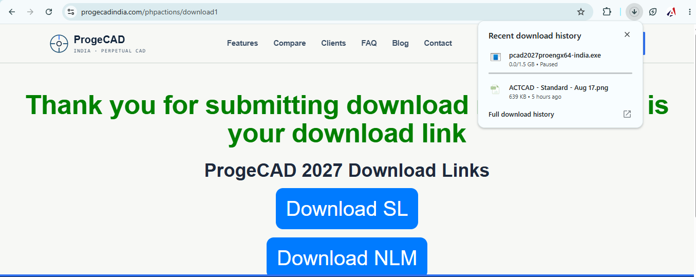 ProgeCAD 2027 download links showing SL and NLM download options