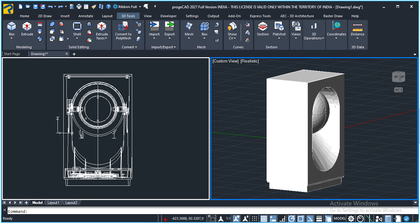 A 2D profile can be transformed into 3D geometry using ProgeCAD's modeling tools