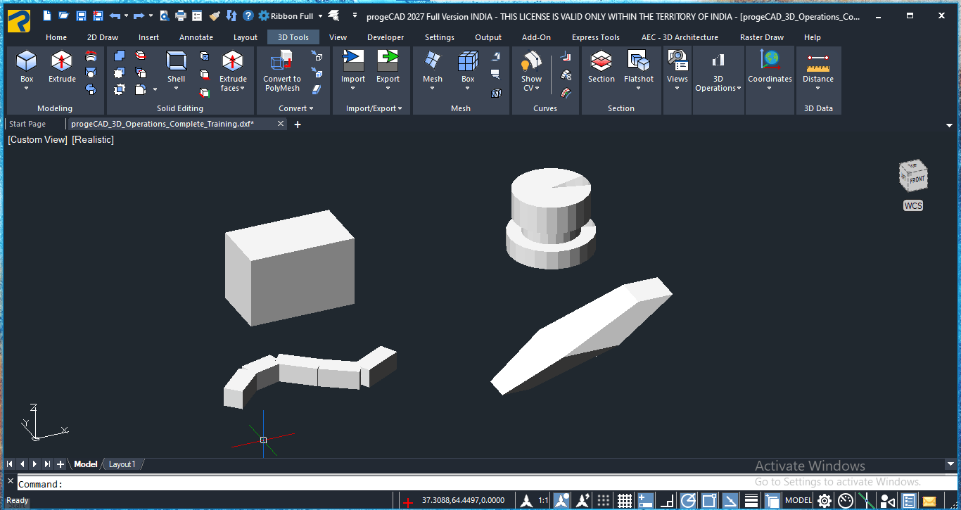 ProgeCAD 3D modeling operations: Extrude, Revolve, Sweep and Loft