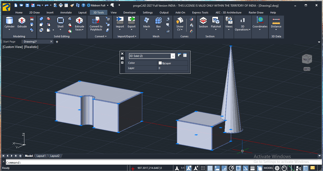 Boolean modeling can be used to subtract one 3D solid from another and create complex components.